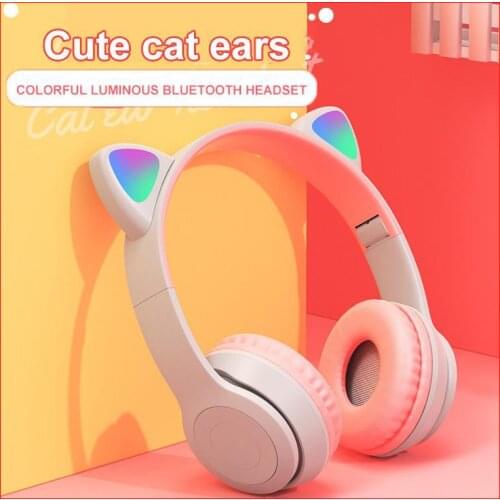 Wireless Gaming Music Headphones Cat Ear LED Light Up Headset Bluetooth-compatible Foldable Earphone With Microphone Earpiece