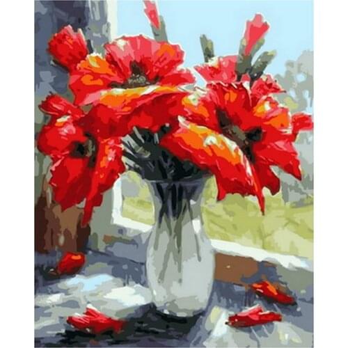Frameless diy paintings by numbers flowers wall decor diy painting on canvas for home decor 4050cm red flower in vase