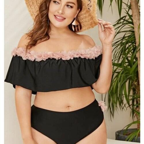 Plus size Ruffled 3D Floral Bikini Women High Waist Off shoulder Swimwear Sexy Larger Size Two Pieces Swimsuit Beach Swimwear