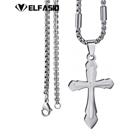 Elfasio Stainless Steel Chain 2 Layer Knight Cross Silver Gold Black Color Mens Pendant Necklace Sets SP118