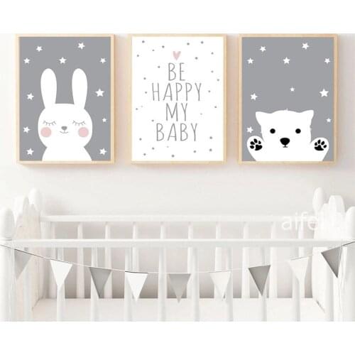 Baby Nursery Wall Art Canvas Poster and Print Cartoon Rabbit Bear Painting Nordic Kids Decoration Picture Children Bedroom Decor