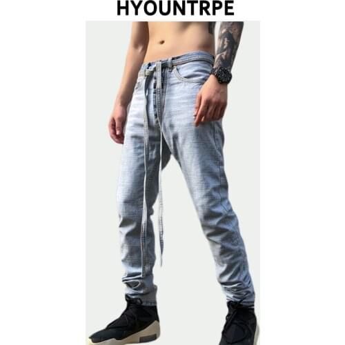 High Street Reversed Denim Jeans Mens Casual Zipper Slim Fit Biker Jean Pants with Long Belt New Fashion Hip Hop Pants Joggers