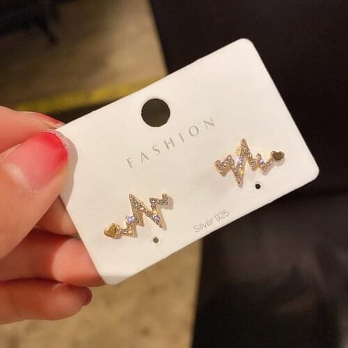 New Fashion Love Heart ECG Stud Earrings Korean Exquisite Crystal Lightning Earrings Personality Trendy Female Girlfriend Gift