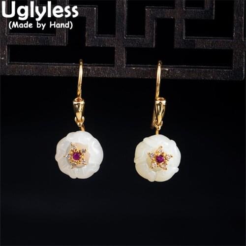 Uglyless Classic Jade Bowl Flowers Earrings for Women Natural Gemstones Floral Brincos Real 925 Silver Crystals Earrings Gold