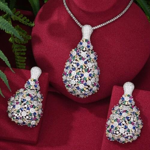 Noble Dubai Women Wedding Big Drop Pendant Earrings Necklace Jewelry Set Fine Super CZ New Design Fashion Accessories