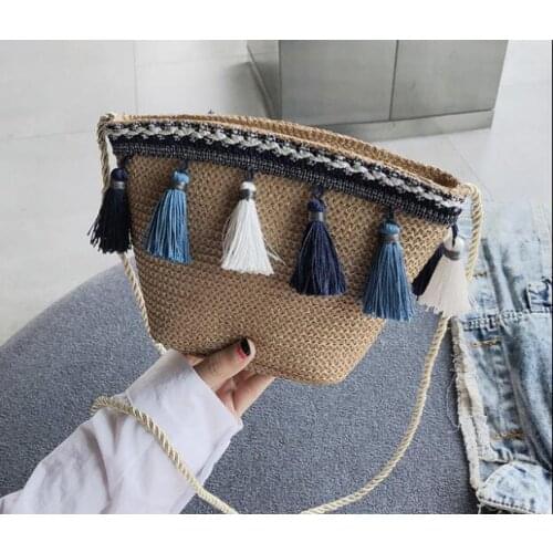 Aaby Summer Hot Sale Shoulder Bag Bohemian Style Straw Bag Lace Tassel Beach Straw Handbag