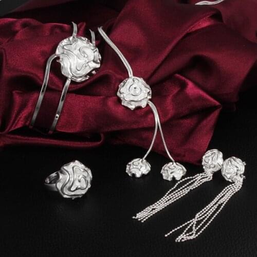Hot Popular Holiday gift 925 sterling Silver elegant rose flower bangle rings Bracelet necklace earring Jewelry set for women