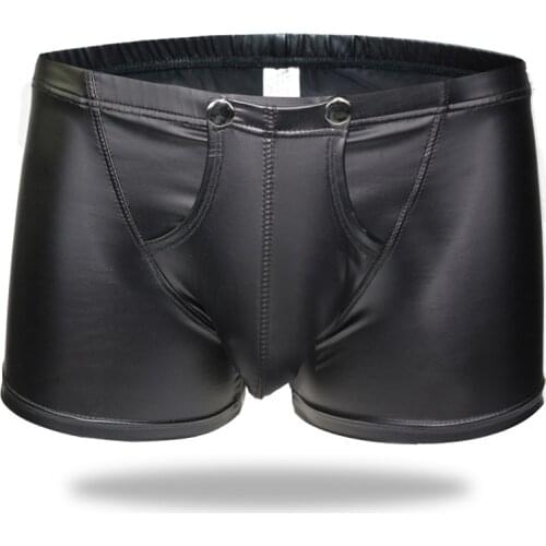 Sexy Hot Open Pouch Bag Sexy Men Faux Leather Boxer Shorts Black Underwear EroticBulge Enhancer Gay Man Underpants Jockstraps