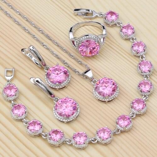 Round Pink Cubic Zirconia 925 Silver Jewelry Sets For Women Anniversary Accessories Ring Bracelet Necklace Pendant Earrings