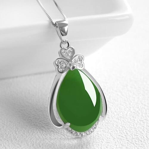 Natural Green Hetian Jasper Hand Carved Drop Pendant Fashion Jewelry Womens 925 Silver Inlaid Necklace Gift Accessories