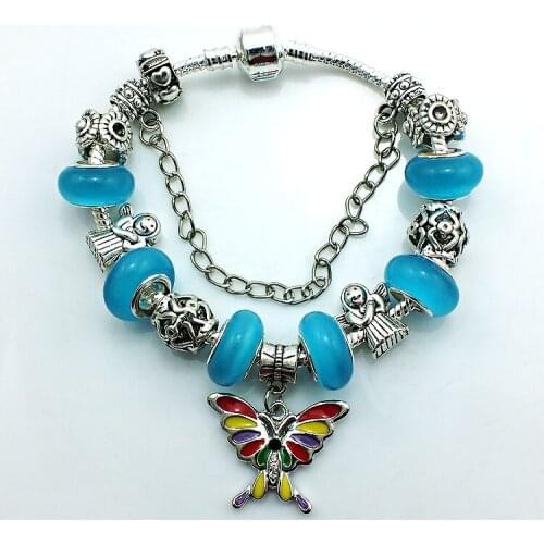 JINGLANG Newest Arrival Color Enamel Butterfly Charm Bracelet For Women Silver Plated Murano Glass Beads Bracelet Jewelry