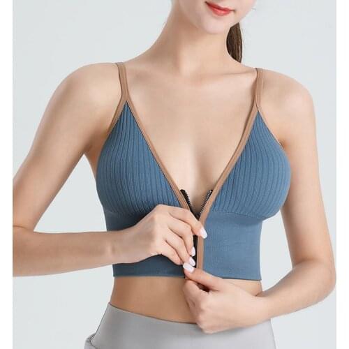 Sexy V-Neck Sports Bra With Zippers Padded Sports High Impact Brassiers Seamless Push Up Tank Tops Fitness Tights Yoga Vests