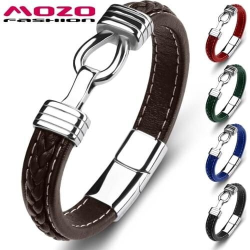 Retro Punk Men Bracelet Genuine Leather Stainless Steel Charm Women High Quality Fashion Jewelry Bangles Brown