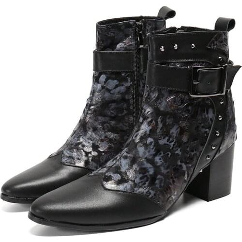 Handmade Luxury High Heels Men Boots Genuine Leather Ankle Boots Studded Italian Business Dress Shoes Pointed Toe Cowboy Boots