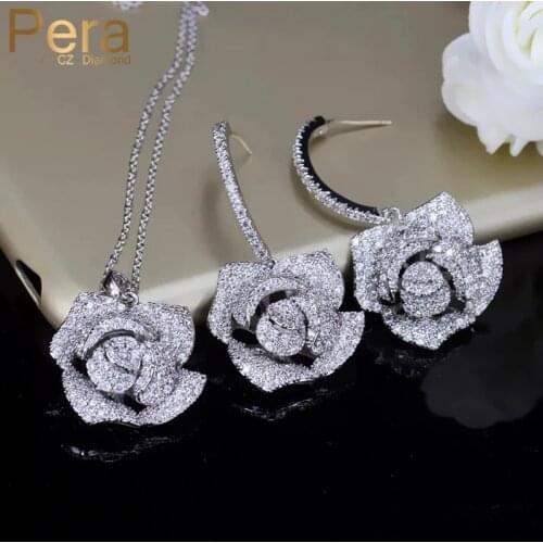 Pera Romantic Rose Flower Earrings and Necklace Big Bridal Wedding Party Cubic Zirconia Jewelry Sets Lovely Gift for Brides J197