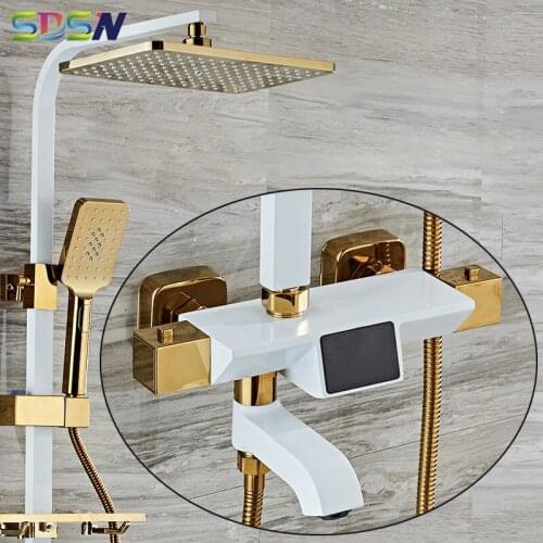 Thermostatic Shower Set White Gold Bathroom Faucet Themperature Display Bathroom Fixture Wall Mounted Digital Bath Shower Set