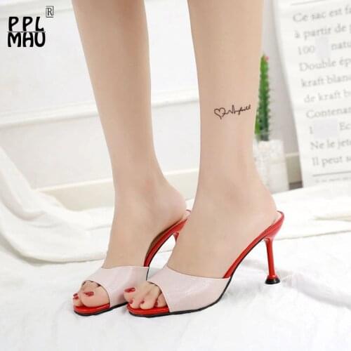 PU Leather Peep Toe Woman Pumps Fashion Outside Wear High Heels 2021 Summer Designer Slippers Mixed Colors Sandals Retro Slides