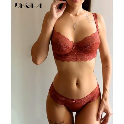 Ultrathin Bra Panties Sets Transparent Brassiere Sexy Underwear Set Plus Size D E Cup Embroidery Women Lingerie Set Lace Bras