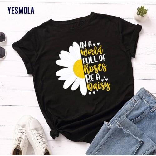 YESMOLA Women T-shirt White Chrysanthemum Letter Print Short Sleeve O Neck Loose Tshirt Summer Tee Shirt Camisetas Mujer Tops