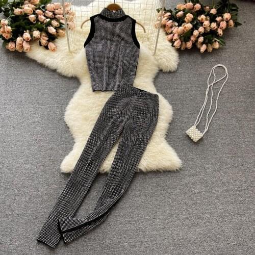 Ensemble femme 2 pièces summer new sleeveless crop top + foot pants hot drilling Sexy two-piece suit Womens