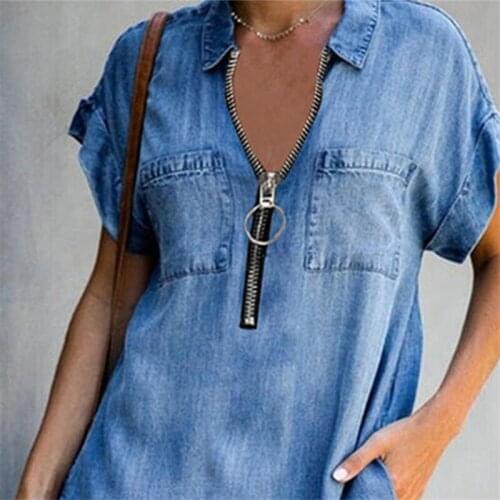 Womens Denim Dress Fashion Temperament Commute Pocket Washed Loose Cowboy Dresses Sexy V Neck Zipper Office Lady Knee Dresses