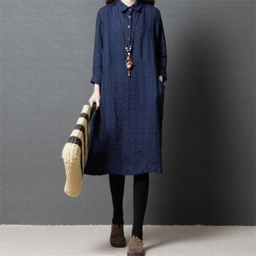 2018 Vintage Women Thin Cotton Linen Dress Big Size Loose Long Sleeve Striped Dress Midi Long Shirt Dress Pullover Robe WZ585