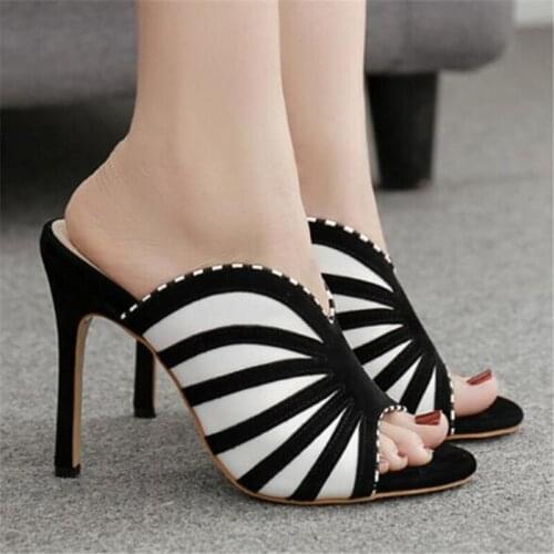 2019 European Station Sandals Candy Color Luxury Flock Slip On Thin Heels 11CM Zebra pattern Zebra pattern women sandals