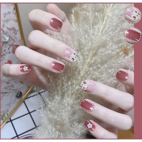 24pcs/box Fake Nails With Glue Floral Printed Square Short Paragraph Fashion Manicure Save Time False Nali Press On With Designs