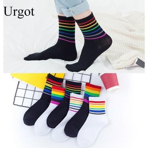 Urgot 3 Pairs Womens Trend New Striped Rainbow Socks Ladies Comfort Breathable Socks Cotton Fashion Girls All-match Candy Socks