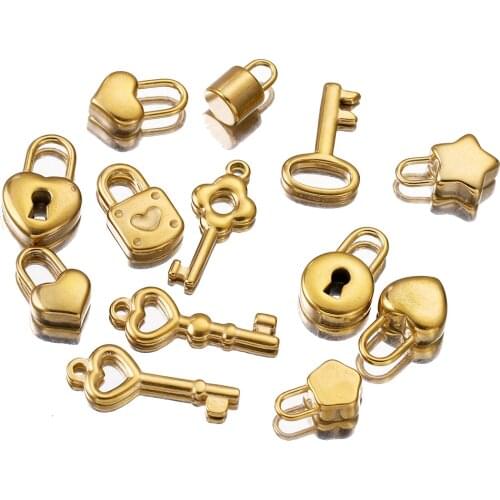 5pcs/lot Stainless Steel Gold Lock Key Charms Couple Love Pendants for Diy Hip Hop Necklace Bracelet Jewelry Makings Wholesale