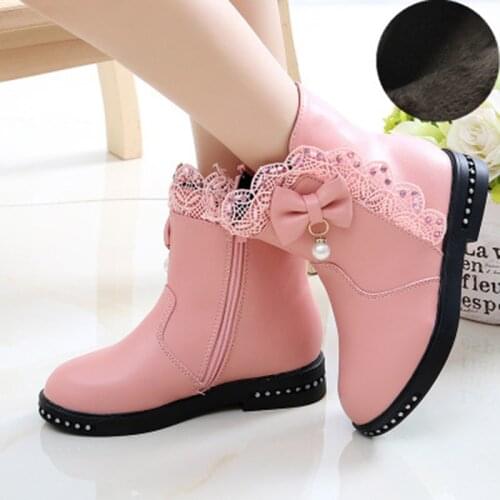 Fashion Girl Boots Pu Leather Princess Shoes Snow Boots Girl Shoes Lace Pearl Bow Children Boot Autumn Winter New Warm Kid Shoe