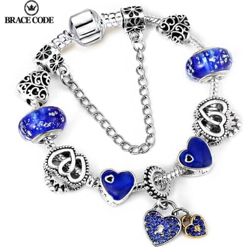 Silver-Plated Snake Bone Chain Blue Charm Luminous Bead Bracelet, DIY Heart-Shaped Crown Pendant, Fine Female Bracelets Gifts