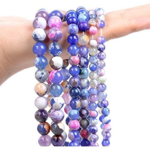 Natural Stone Beads Smooth Blue Purple Fire Agates Onyx Round Loose Spacer Beads for Jewelry Making Bracelets Necklace 6/8/10MM