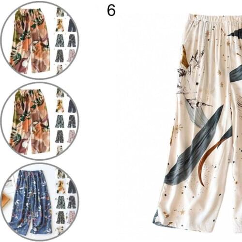Home Pants Elastic Waist Trendy Breathable Floral Print Loose Cropped Pants