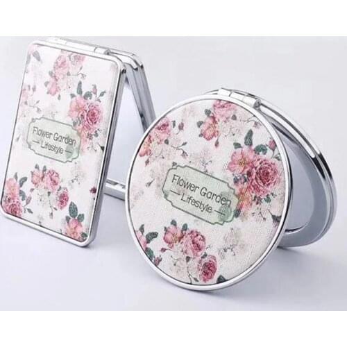 Faux Leather Double-side Folding Makeup Mirror Portable Flower Printed Magnifier
