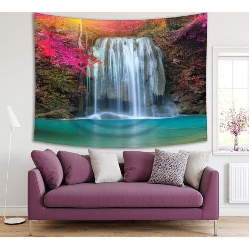 Tapestry Colorful Autumn Trees Waterfall in Sunlight Forest Erawan National Park in Kanchanaburi Thailand Teal Fuchsia