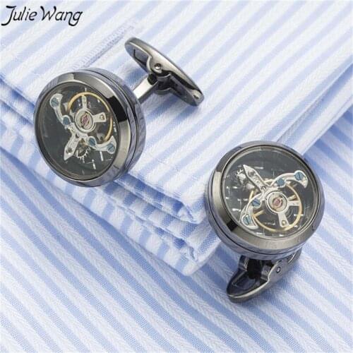 Julie Wang 1pair Classic Color Round Watch Movement Tourbillon Brass With Crystal Decored Cufflinks Mens Daily Commercial Wear