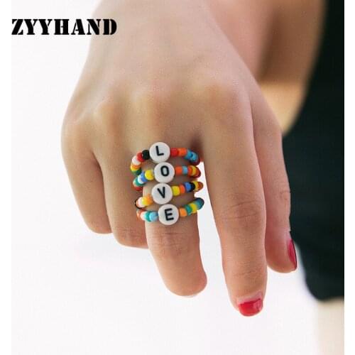 Bohemia Style LOVE Charm Women Elastic Rings Colorful Small Beads Multi Color Rainbow Arcylic Girl Finger Jewelry