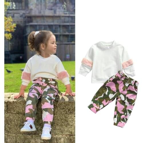 1-6Years Fashion Girls Clothing Sets Autumn Children Kids Girls Pullover Sweatshirts Tops Camouflage Pants 2pcs Sport Outfits