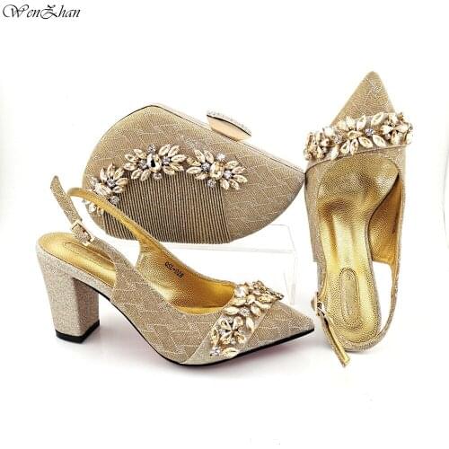 Pretty Gold Rhinestone Style High Heels Shoes With Bags Italian Design Hottest Women Shoes and Bag Set For Party 9cm B14-3