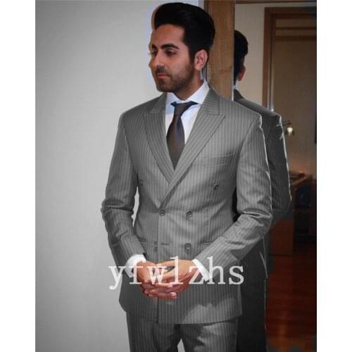 Handsome Double-Breasted Groomsmen Peak Lapel Groom Tuxedos Mens Wedding Dress Man Blazer Prom Dinner (Jacket+Pants+Tie) A154
