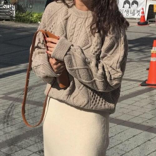 2021 Autumn and Winter New Loose O-Neck Pullover Korean Retro Twist Womens Sweater Knitted Bottoming Shirt Top Female
