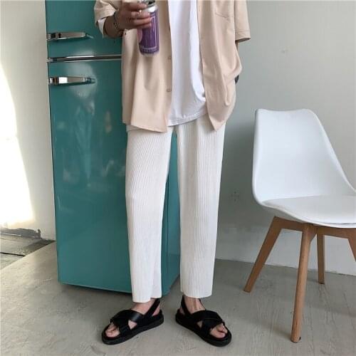 2021 Pleated Straight Pants Mens Fashion Solid Color Elastic Waist Casual Pants Men Streetwear Loose Japanese Ice Silk Trousers
