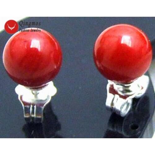 Qingmos Fashion 7-8mm Round Natural Red Coral Earring for Women Personality Design Jewelry Antique Silver Plated Stud Earring