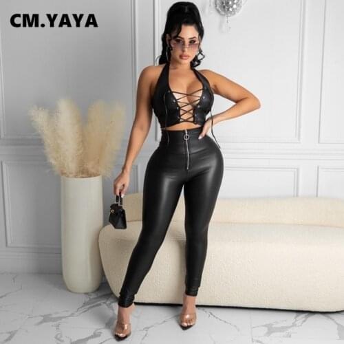 CM.YAYA Faux Leater Sweatsuit Womens Set Lace Up Crop Tops and Legging Pants Matching Two 2 Piece Set Active Tracksuit Outfits