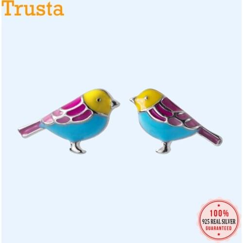 Trustdavis 100% 925 Sterling Silver Womens Jewelry Fashion Cute Color Birds Stud Earrings For Women Daughter Girls Gift DA303