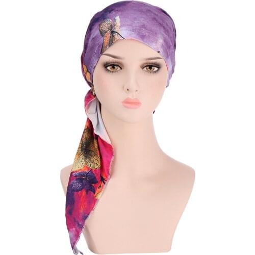 New Women Floral Print Bandana Scarf Pre Tied Muslim Chemo Hat Beanie Turban Headwear for Cancer Patients Ladies
