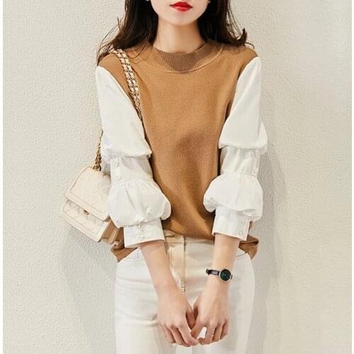 Patchwork Knitted Tops Blouse Women Vintage Puff Sleeve Fake Two Piece Shirt Korean Elegant Slim Blouses Blusas