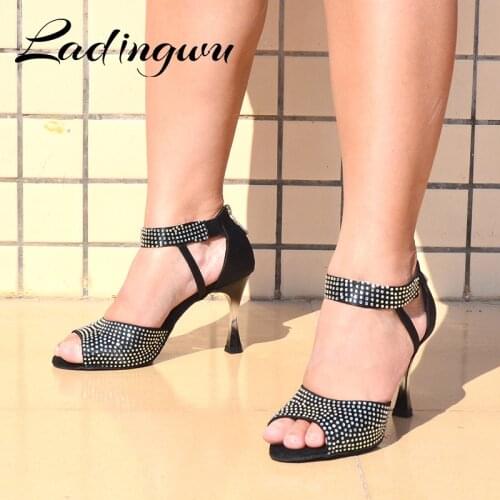 Ladingwu Brands Latin Dacne Shoes Shining Rhinestone Salsa Dance Shoes For Women Silk Satin Woman Ballroom Dance Shoes Unique