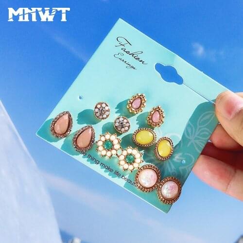 MNWT Fashion 6 pair/set Woman Crystal Stud Earrings for Women Bohemian Flower Piercing Simulated Pearl Water Droplets Earring